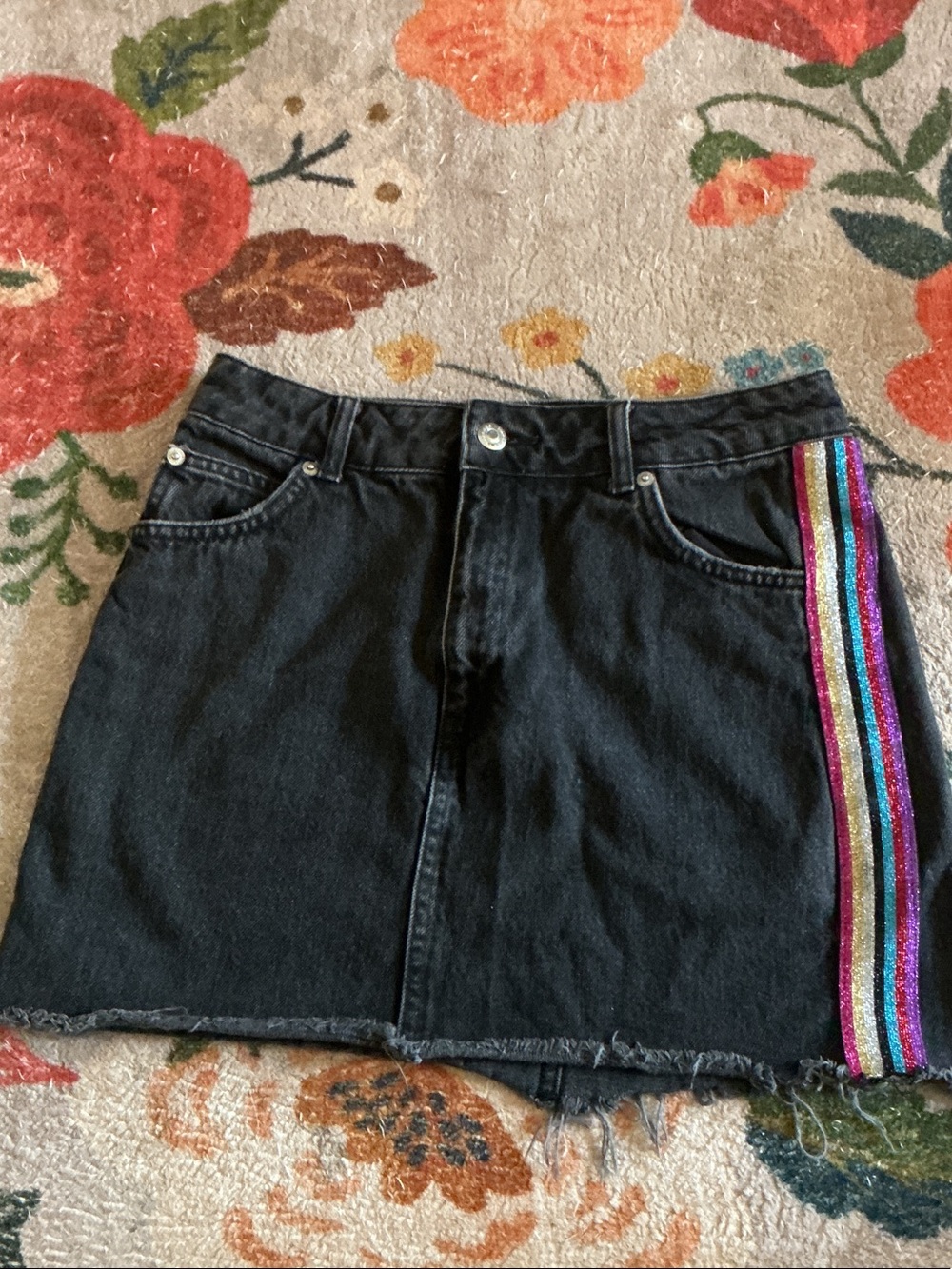 Topshop Black Denim Mini Skirt with Rainbow Glitter Side Stripe